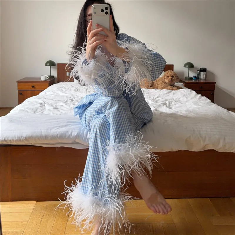Women Feather Trim Satin Pajama Set Lapel Long Sleeve Top Wide Leg Pants Elegant Sleepwear Bachelorette Party Nightwear