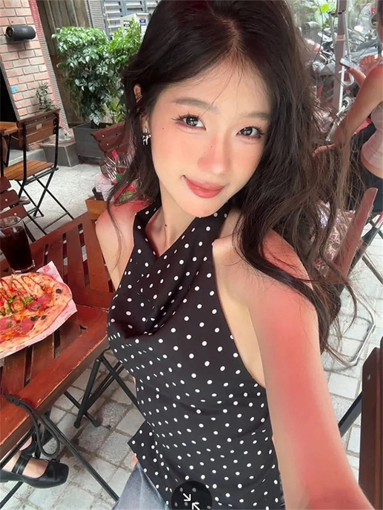 Polka Dot Print Tank Tops Women Halter Backless Skinny Sexy Summer Trend Hottie Street Midnight Coquette Party Vest