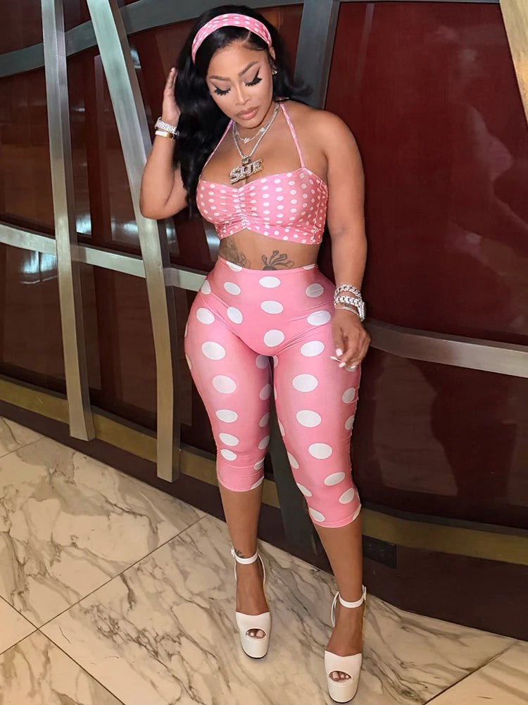 Chic Hottie Polka Dot Print 3-Piece Set Women Elasticity Headband+Halter Folds Vest+Simple Short Fashion Sexy Streetwear
