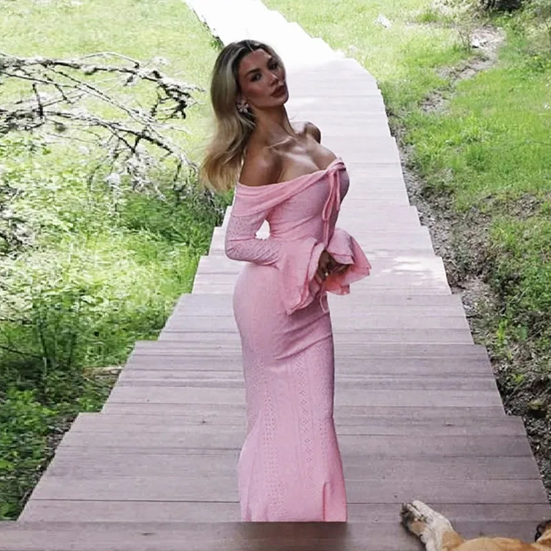 Pink Maxi Dresses Woman Elegant Clothes Fall 2025 Off Shoulder Flare Sleeve Long Dress