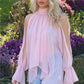 Minimalist Solid Cold Shoulder Chiffon Blouse Mock Neck Back Tie Split Flare Sleeve Loose Irregular Hem Daily Shirt