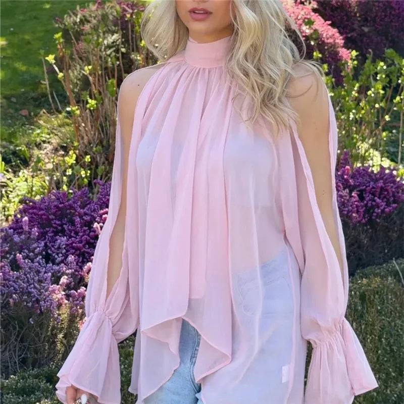 Minimalist Solid Cold Shoulder Chiffon Blouse Mock Neck Back Tie Split Flare Sleeve Loose Irregular Hem Daily Shirt