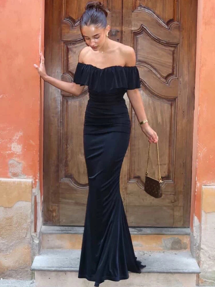 Strapless Ruffle Sexy Maxi Dress Women Elegant Off-shoulder Backless Ruched Waist Bodycon Cocktail Evening Party Dress