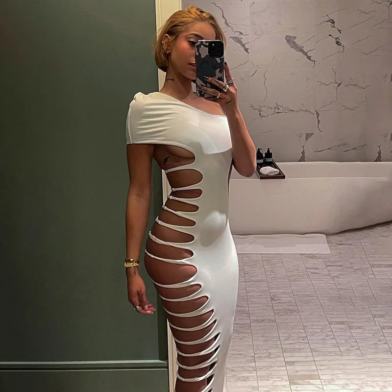 Sexy Women's One Shoulder Side Cut Out Maxi Dress Solid Color Bodycon Evening Gown Party Clubwear Long Dress