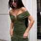 Sexy Furs Patchwork Dress Women Fashion Slash Neck Ruched Peach Buttocks Elegant Chic Evening Party Club Mini Bodycon