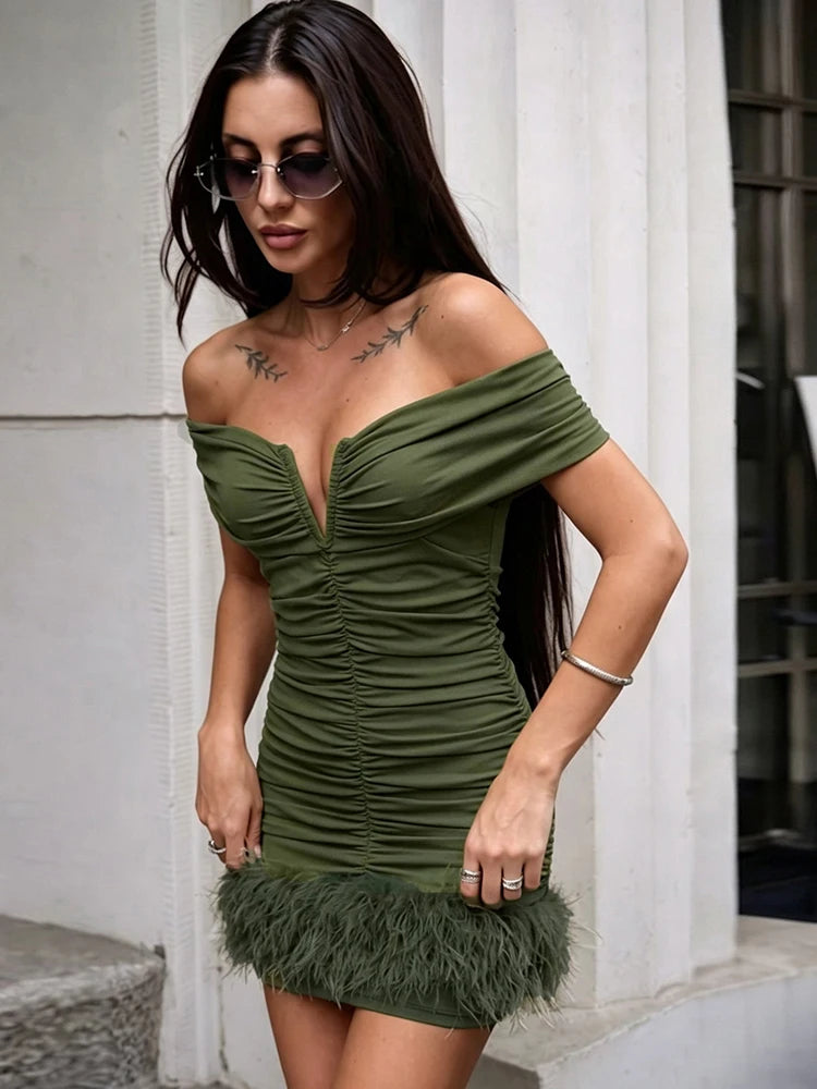 Sexy Furs Patchwork Dress Women Fashion Slash Neck Ruched Peach Buttocks Elegant Chic Evening Party Club Mini Bodycon