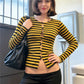 Womens Retro Striped Long Sleeve Blouse Round Neck Button Front Hollow Cutout Slim Fit Cropped Top Cosplay Party T Shirt