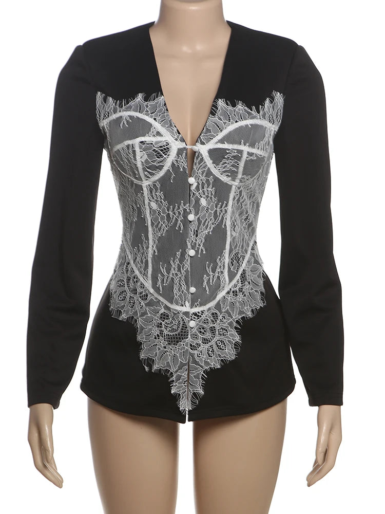 Basic Jacquard Patchwork Jacket Women V-Neck Single-Breasted Full Sleeve Fall Trend Office Street Skinny Chic Crop Coat