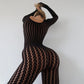See Through Seamless Striped Jacquard One Piece Long Sleeve Jumpsuit Sexy All Black Outfits for Woman Baddie
