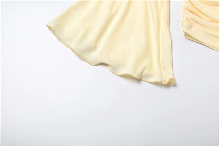 Patchwork Sashes Dress Women Ruched Elegant Thin Flare Sleeve Cross v-Neck Solid Irregular Simple Trend Mini Bodycon