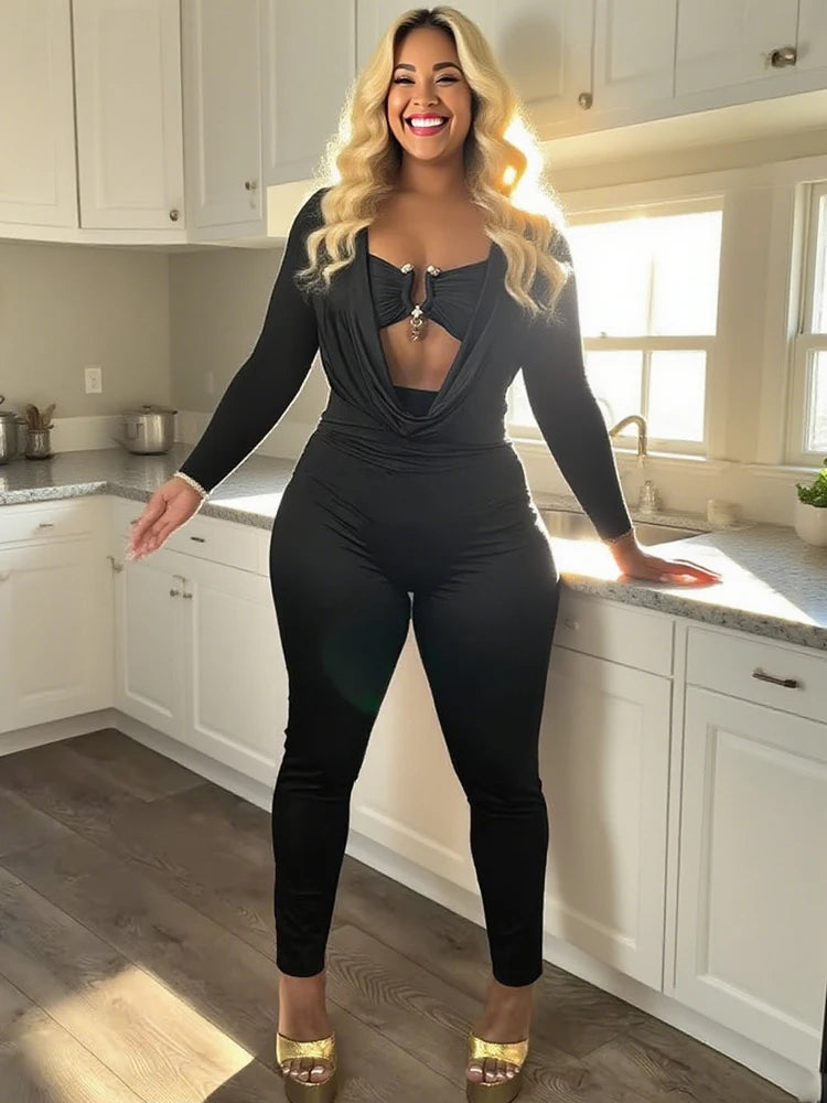 Sexy Jumpsuits Women Metal Decoration Swing Collar Long Sleeve Slim Peach Hip Midnight Street Clubwear Party Overalls