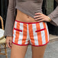 Retro Y2K Women Vertical Striped Low Rise Hot Pants Contrast Color Edge Fake Pockets Front Zip Slim Fit Mini Shorts