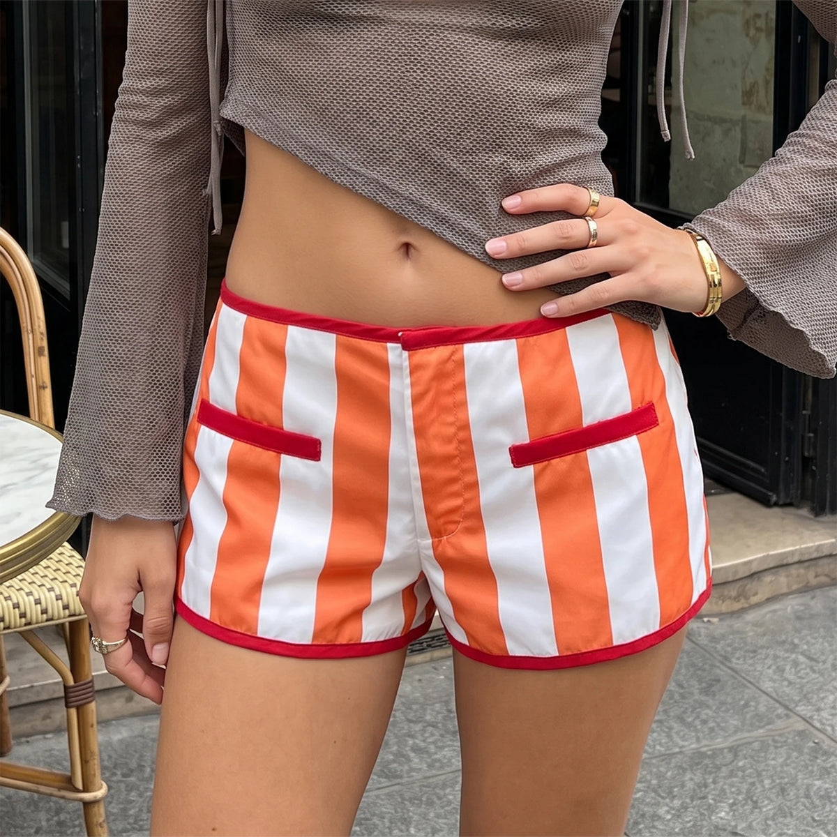 Retro Y2K Women Vertical Striped Low Rise Hot Pants Contrast Color Edge Fake Pockets Front Zip Slim Fit Mini Shorts