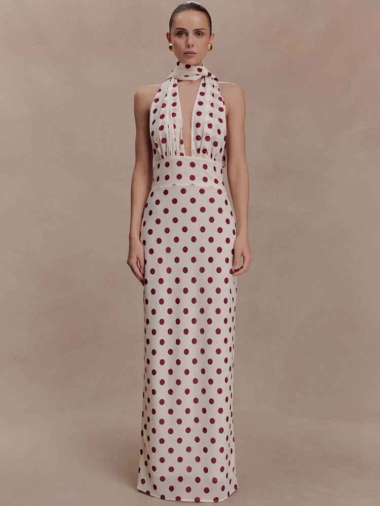 Polka Dot Backless Sexy Maxi Dress Women Elegant Halter Deep V Neck Sleeveless Bodycon Split Club Party Long Dress