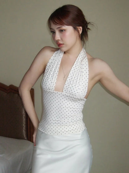 Polka Dot Print Tank Tops Women Halter Low-Neck Backless Skinny Summer Trend Street Ruched Elegant Skinny Outfits