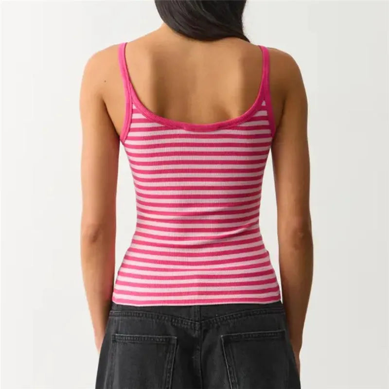 Women Striped Ribbed Tank Top U Neck Sleeveless Slim Fit Cami Top Y2K Retro Stripe Print Summer Casual Camisole