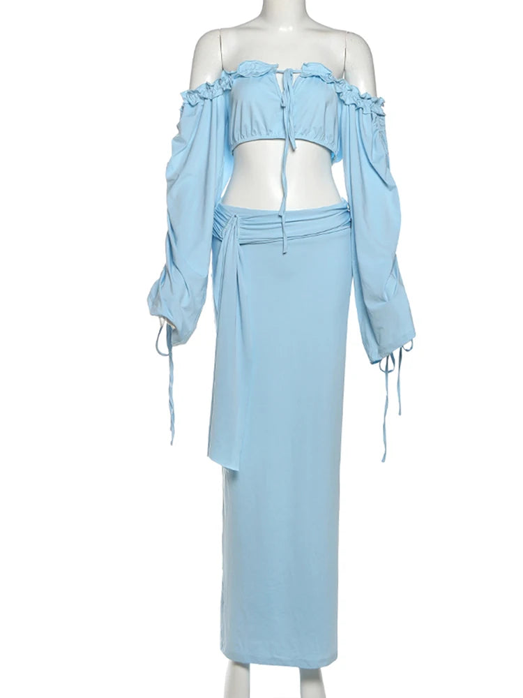 Chic Tassel 2-Piece Set Women Slash Neck Shirring Long Sleeve Bandage Crop Tops+Ribbon Skirts Vacation Birthday Suit