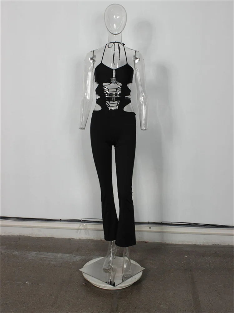 Hollow Cross Halter Jumpsuit Backless Sleeveless Square Metal Rings Peach Buttocks Midnight Sexy Workout Overalls