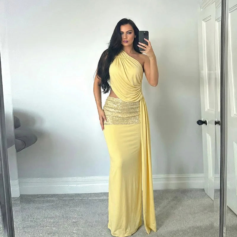 Yellow Two Piece Set Sequin-embellished Maxi Skirt and Top Beach Party Outfits for Woman Sexy Clothes