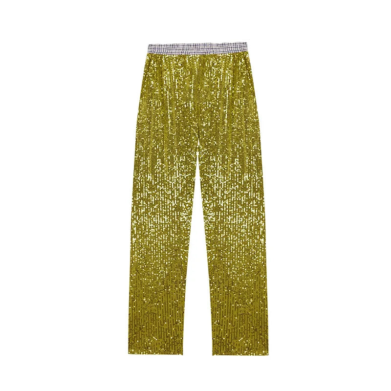 Sequin Loose Pants Two Piece Sets Women Patchwork Long Sleeve Shirt And Trouser Female Elegant Long Pants 2 Piece Sets