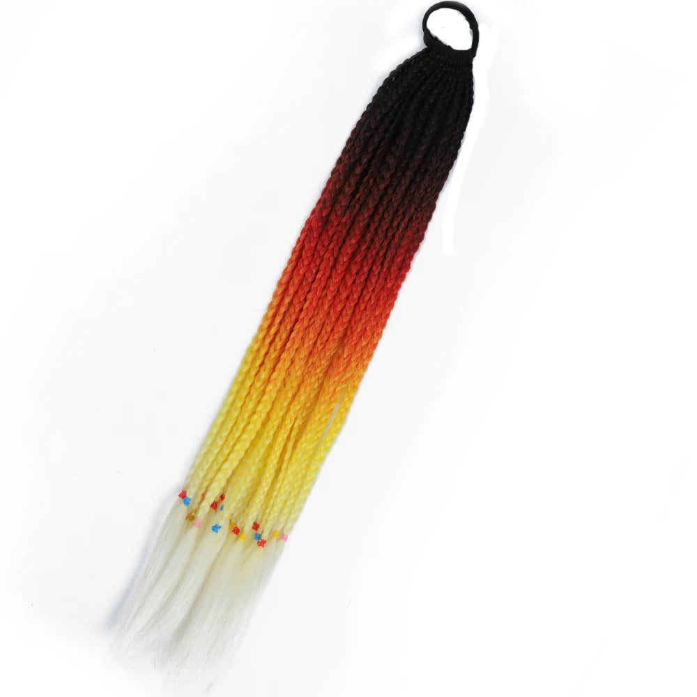 Synthetic 24inch Girls Colored Box Braided Ponytail With Elastic Rubber Band Hair Extensions Rainbow Color Box Pigtail Hairpiece