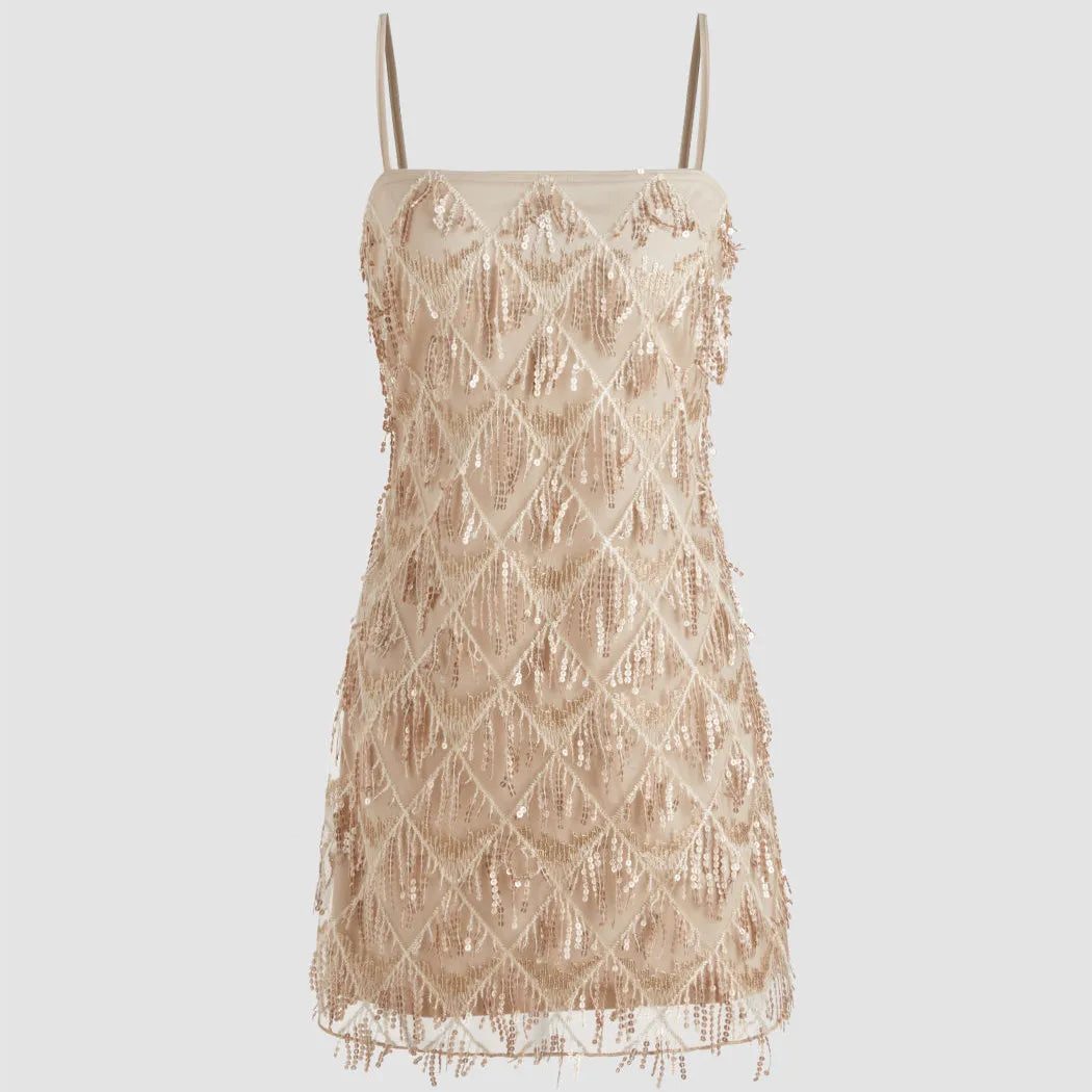 Women Y2K Sparkly Sequin Fringe Mini Dress Spaghetti Strap Bodycon Cocktail Dress for Nightclub Party Music Festival