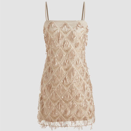 Women Y2K Sparkly Sequin Fringe Mini Dress Spaghetti Strap Bodycon Cocktail Dress for Nightclub Party Music Festival