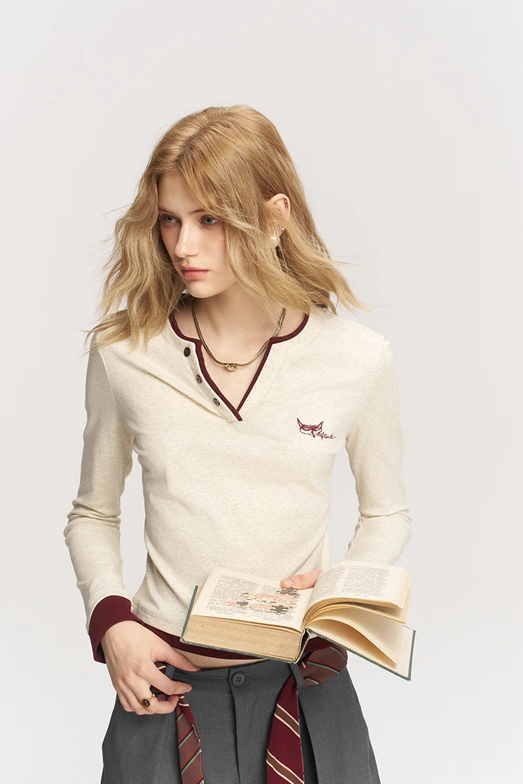 Women's Henley Ringer T-Shirt with Contrast Trim, Long Sleeve Casual Slim Top for Everyday Wear