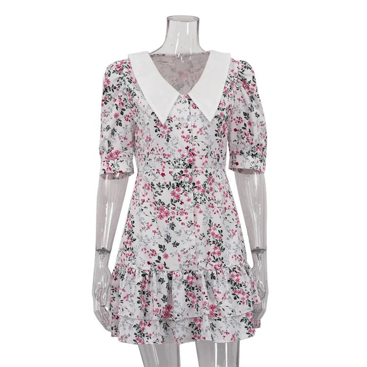 Short Sleeve Floral Mini Dress For Women Robe Turn-down Collar Elegant French Dress Ladies Fashion High Waist Dresses