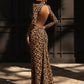 Leopard Print Maxi Dress Women Backless Full Sleeve Turtleneck Peach Butt Folds Skinny Fashion Elegant Banquet Vestidos