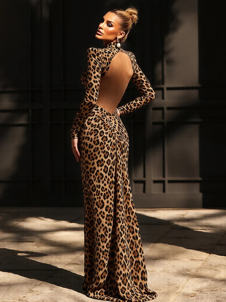 Leopard Print Maxi Dress Women Backless Full Sleeve Turtleneck Peach Butt Folds Skinny Fashion Elegant Banquet Vestidos