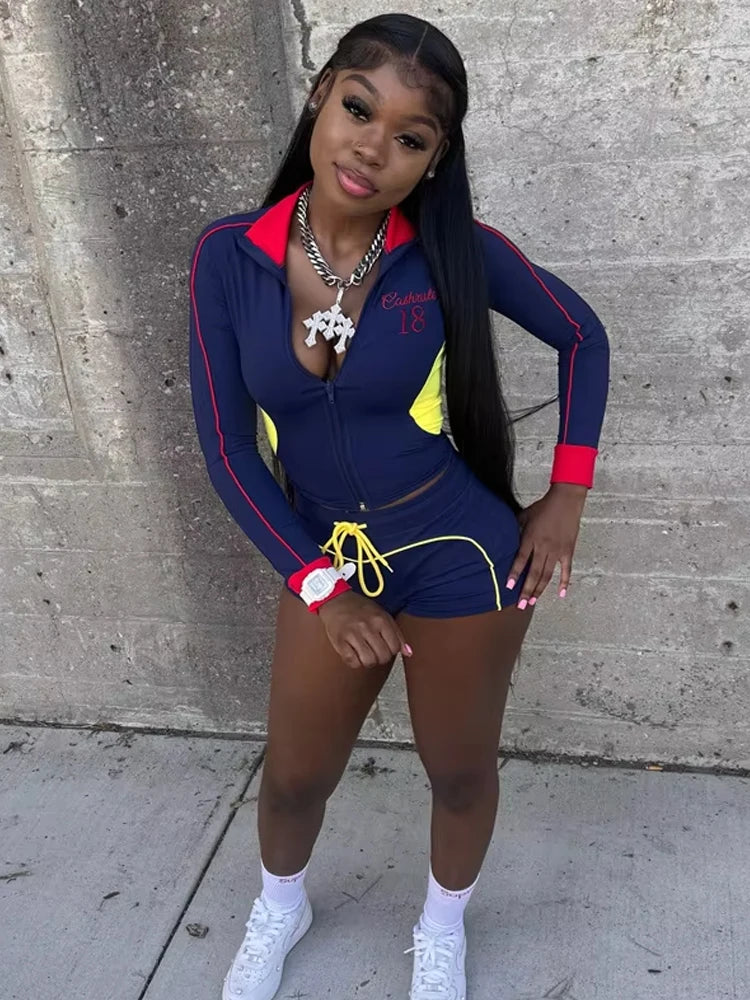 Sporty Tracksuit 2-Piece Set Women Patchwork Zip Letter Print Jackets+Drawstring Shorts Matching Simple Casual Outfit