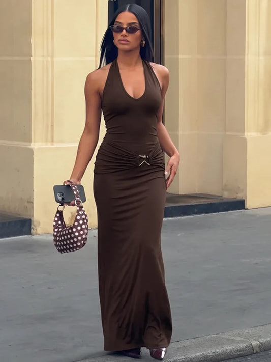 Women Halter Maxi Dress Deep V Neck Sleeveless Bodycon Long Dress Waist Metal Buckle Ruched Party Evening Club Dress