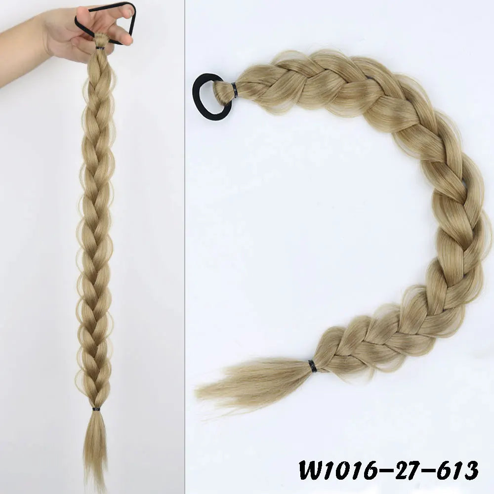 24inches Synthetic Long Braided Ponytail Hair Extensions for Women Black Brown Pony Tail with Hair Rope High Temperature Fiber