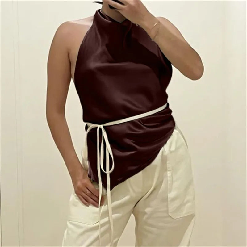 Women Summer High Street Sleeveless Satin Top Camisole Y2K Tie Halter Tops Backless Solid Color Top Party Clubwear