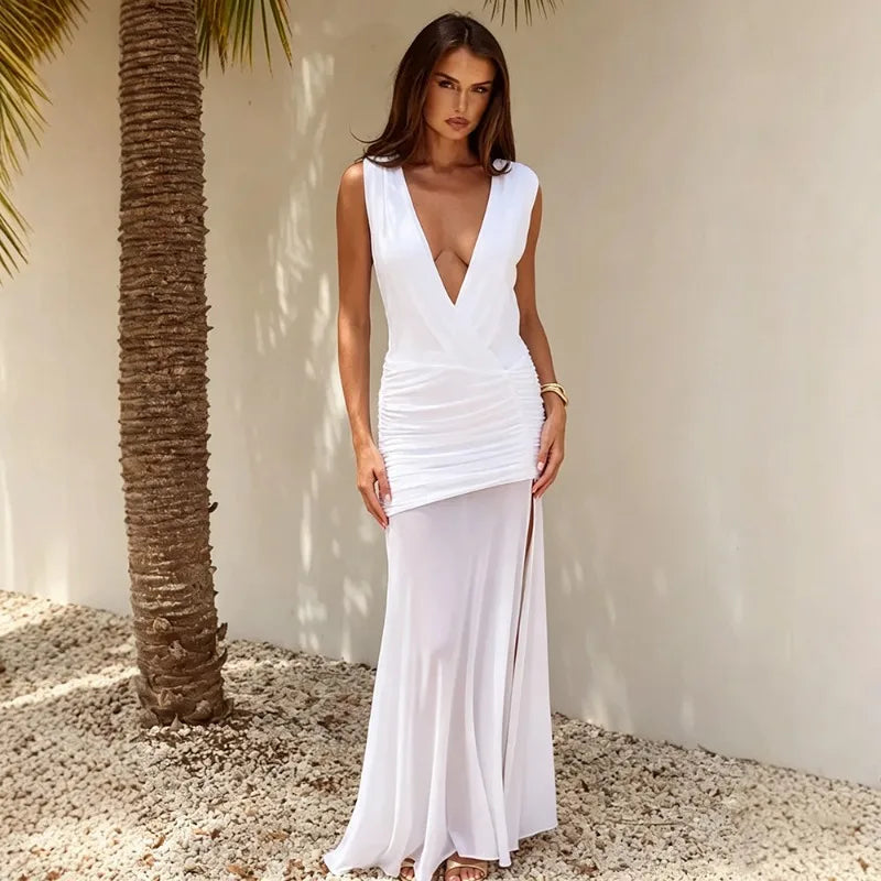 Transparent Mesh Patchwork Black Long Summer Dress Sexy Elegant Deep V Neck Sleeveless Backless Maxi Dresses
