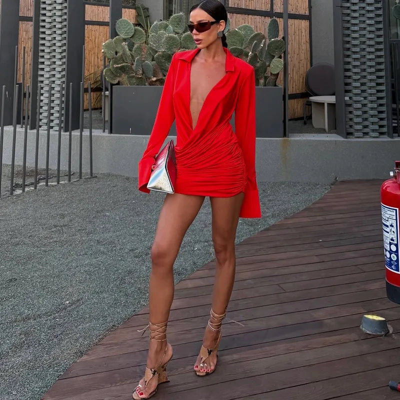 Deep V Neck Long Sleeve Wrap Mini Dress Woman Clothing Sexy Red Autumn Dresses 2026