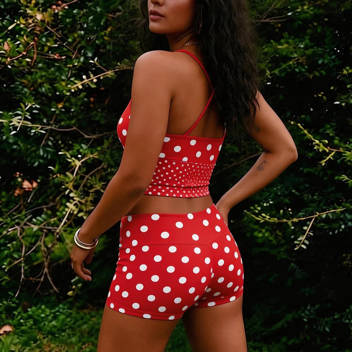 Women's Retro Polka Dot Two Piece Set Halter V Neck Crop Top+High Waist Shorts Cute Casual Daily Beach Vacation Outfit