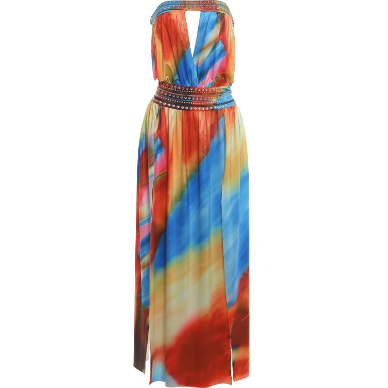 Colorful Print Dress Woman Sexy Wrap Chest Backless High Splits Summer Holiday Beach Party Elegant Style Long Bodycon