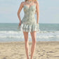 Patchwork Ruffles Dress Women Flower Decoration Cross Bandage Sleeveless Slim Sweet Summer Beach Party Mini Bodycon