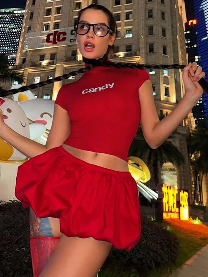 Casual 2 Piece Set Women Letter Print Shorts Sleeve Crop Tops+Puffy Skirt Simple Basic Matching Streetwear Outfits