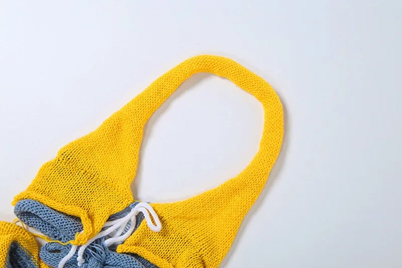 Blue and Yellow Hollow Knit Two Piece Set Woman Summer Beach Outfits 2026 Sexy Halter Top Skirt Matching Sets