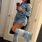 Denim 2Piece Set Women Patchwork Single-Breasted Dress+Zip Metal Trim Leg Sleeve Hottie Trend Street Vintage Outfits