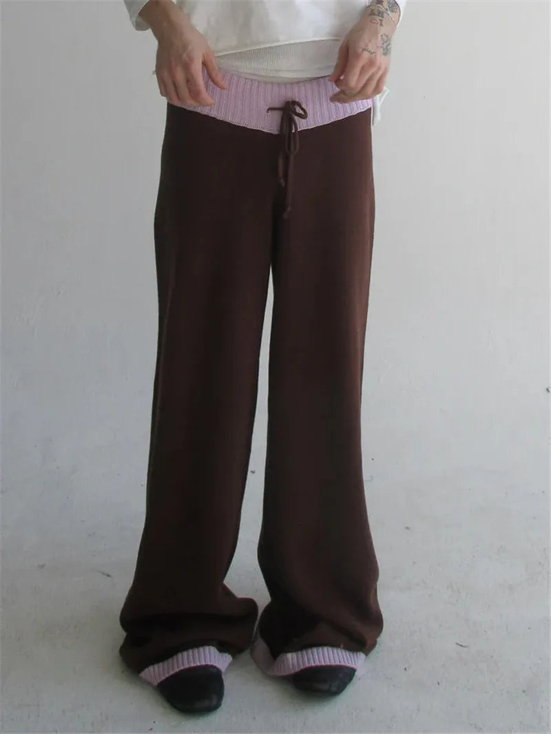 Women Y2K Color Contrast Knit Wide Leg Trousers Drawstring Waist Loose Baggy Knitted Pants Casual Streetwear Long Pants