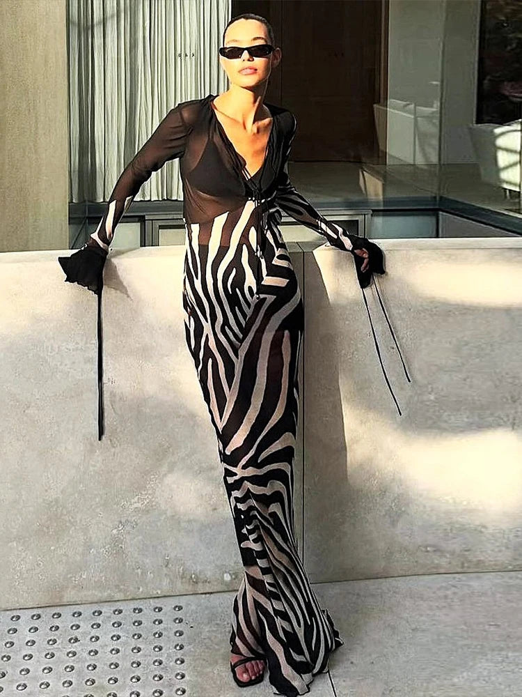 Mesh Patchwork Dress Women Fashion Print Low-Neck Sexy Cleavage Shirring Flared Sleeve Street Wild Style Long Bodycon