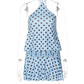 Polka Dot Backless Sexy Mini Dress Women Elegant Blue Halter Off-shoulder Sleeveless Ruched Club Party Dress Female