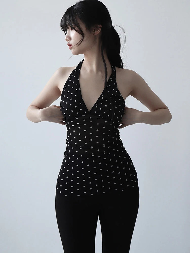 See Through Tank Tops Women V-Neck Halter Bandage Backless Polka Dot Print Street Sexy Daily Skinny Basic Wild Vest