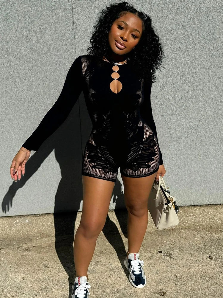 Hollow Rhinestone Women Sexy Romper Coquette Hottie Trend Skinny Midnight Club Party Full Sleeve Stretch Playsuit