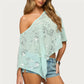 Y2K Sequin Floral One Shoulder Asymmetric Sheer Poncho Top for Women Flowy Batwing Sleeve Semi Sheer Cover Up Shawl Wrap
