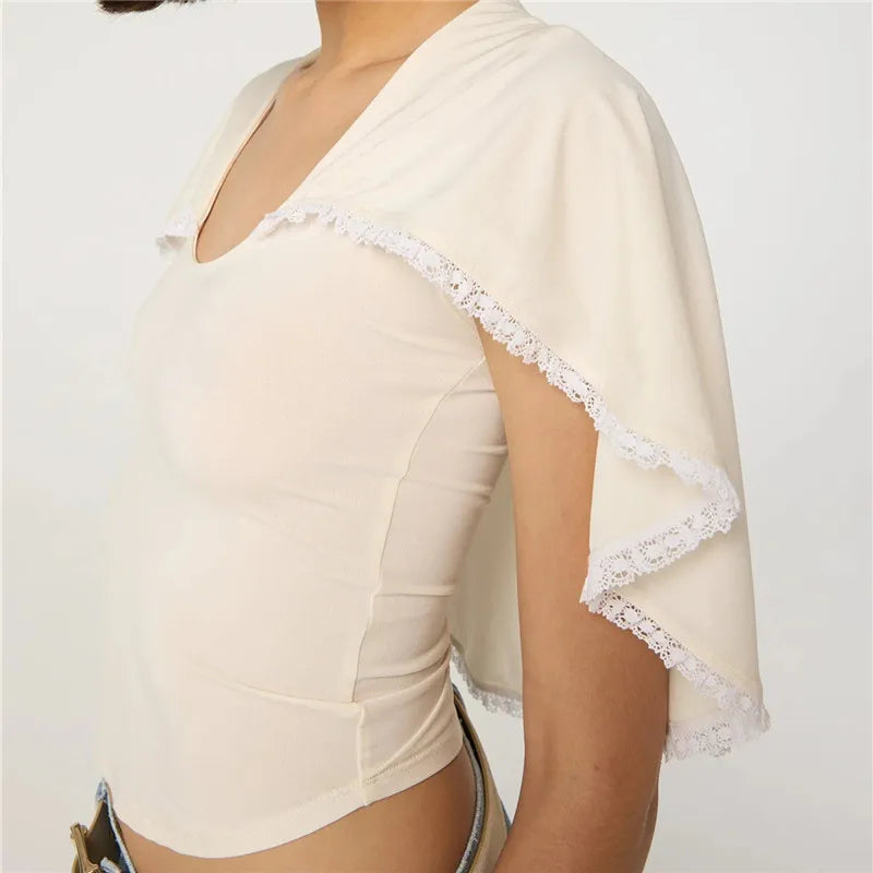 Coquette Style Lace Trim Cape Top Sleeveless U-Neck Slim Fit Cropped Blouse Y2K Vintage Aesthetic Women's Top